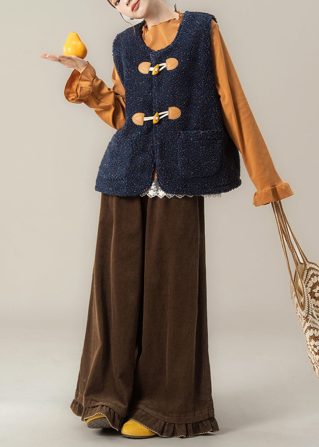 Modern Navy Vest And Orange T Shirts Coffee Pants 3 Piece Outfit Winter