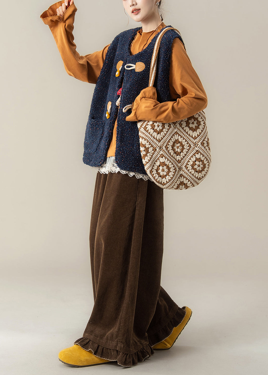 Modern Navy Vest And Orange T Shirts Coffee Pants 3 Piece Outfit Winter