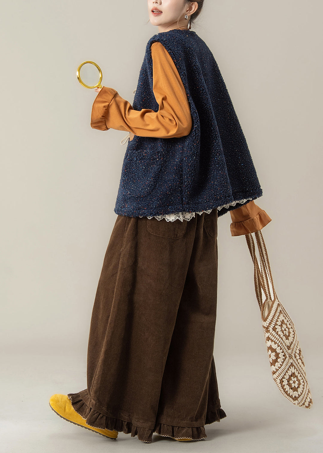 Modern Navy Vest And Orange T Shirts Coffee Pants 3 Piece Outfit Winter