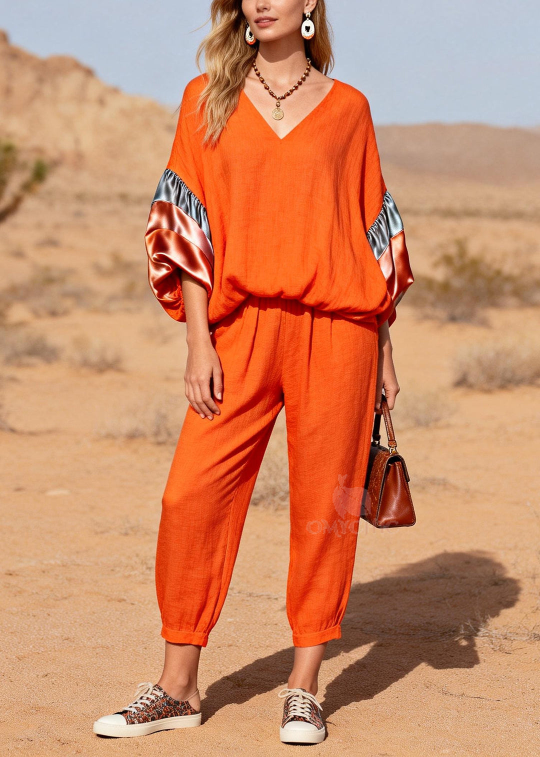 Modern Orange Oversized Patchwork Cotton Two Pieces Set Spring