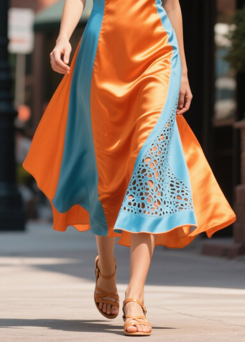 Modern Orange Ruffled Patchwork Hollow Out Silk Dinner Dress Summer