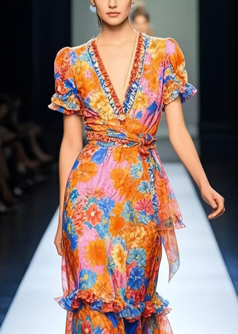 Modern Orange Ruffled Print Chiffon Long Dress Summer