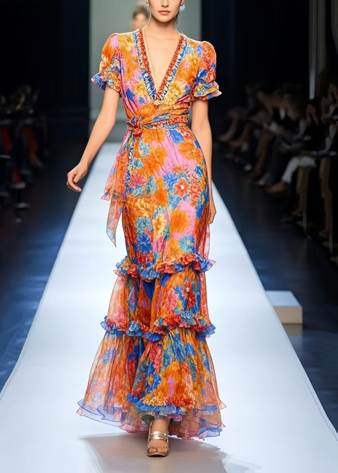 Modern Orange Ruffled Print Chiffon Long Dress Summer