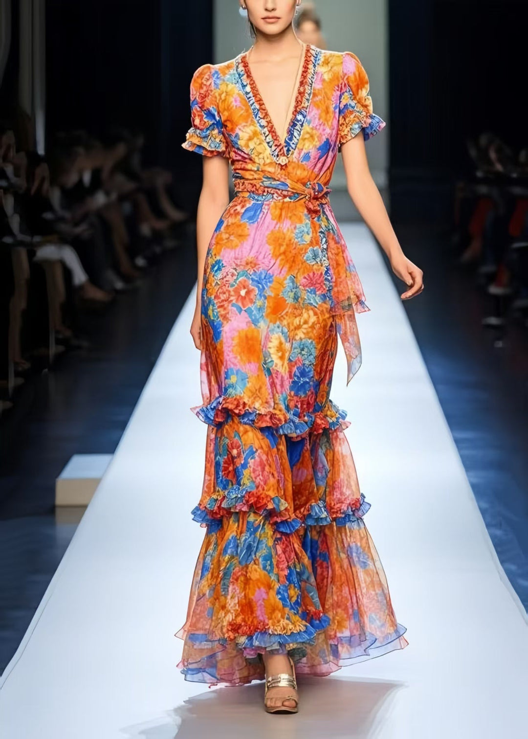 Modern Orange Ruffled Print Chiffon Long Dress Summer