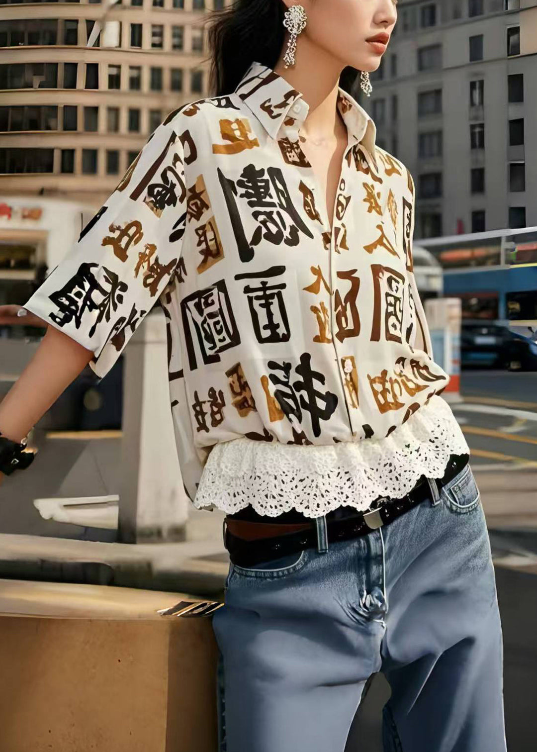 Modern Oversized Patchwork Lace Shirts Half Sleeve