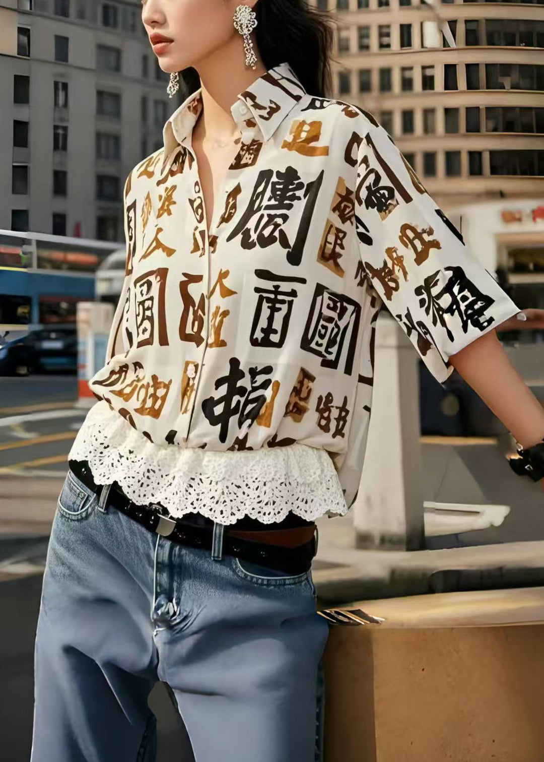 Modern Oversized Patchwork Lace Shirts Half Sleeve