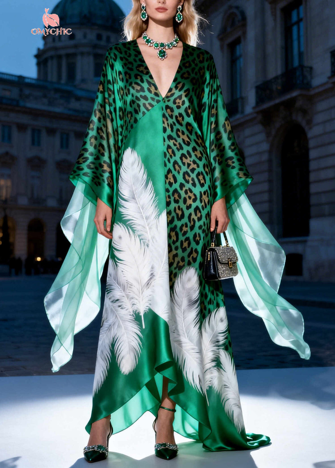 Modern Peacock Green Oversized Print Silk Long Dress Summer