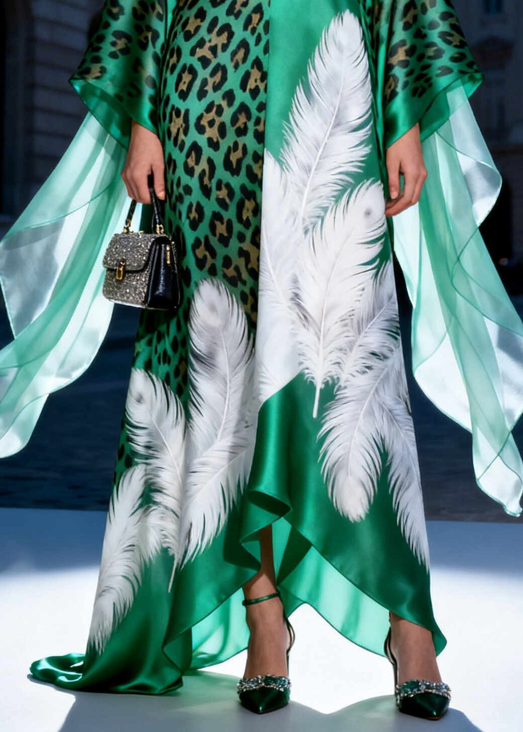 Modern Peacock Green Oversized Print Silk Long Dress Summer