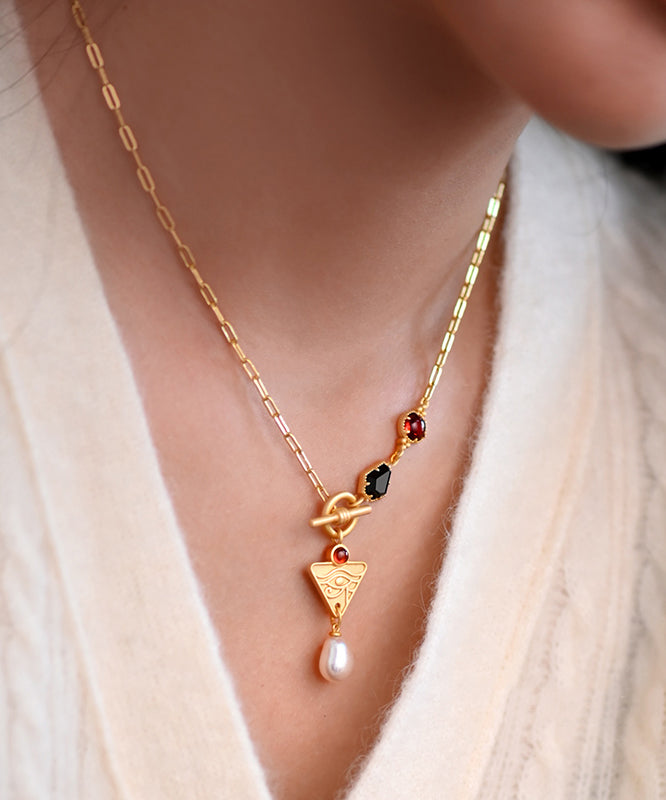 Modern Pearl Black Onyx Red Garnet Chain 14K Gold Necklace