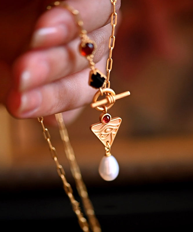 Modern Pearl Black Onyx Red Garnet Chain 14K Gold Necklace