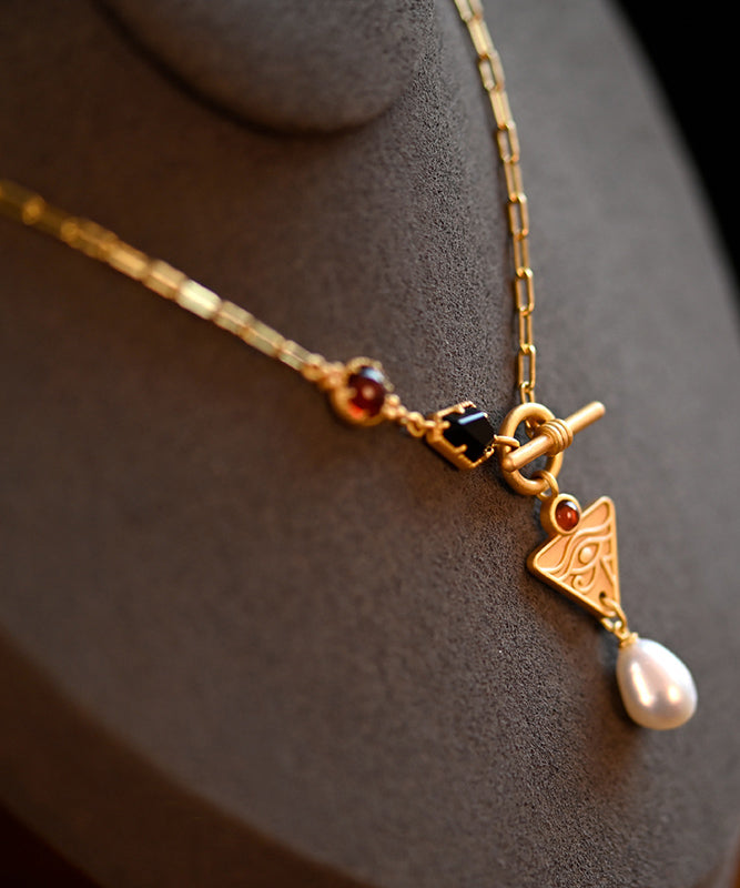 Modern Pearl Black Onyx Red Garnet Chain 14K Gold Necklace