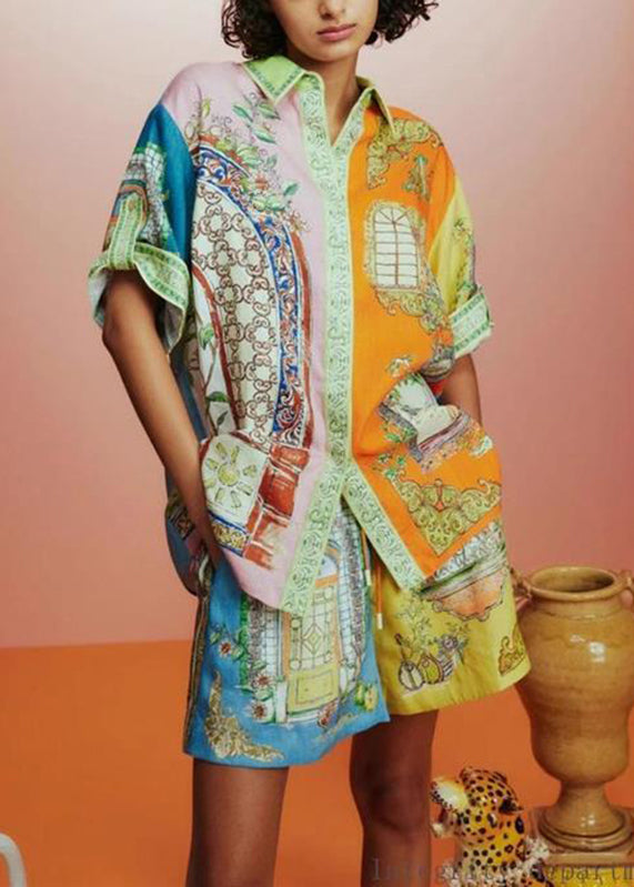 Modern Peter Pan Collar Button Shirts And Shorts Two-Piece Set Summer