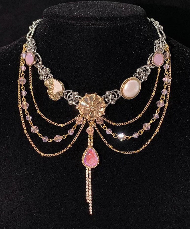 Modern Pink Alloy Gem Stone Multi-Layer Tassel Pendant Necklace