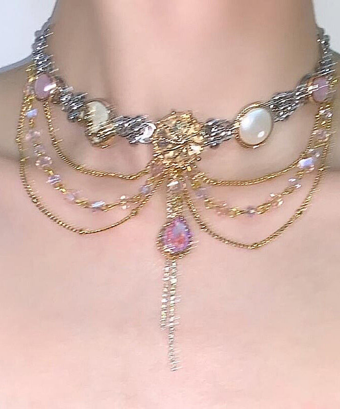 Modern Pink Alloy Gem Stone Multi-Layer Tassel Pendant Necklace