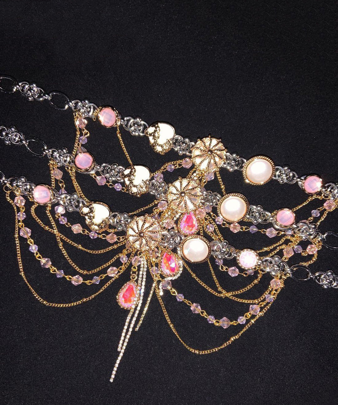 Modern Pink Alloy Gem Stone Multi-Layer Tassel Pendant Necklace