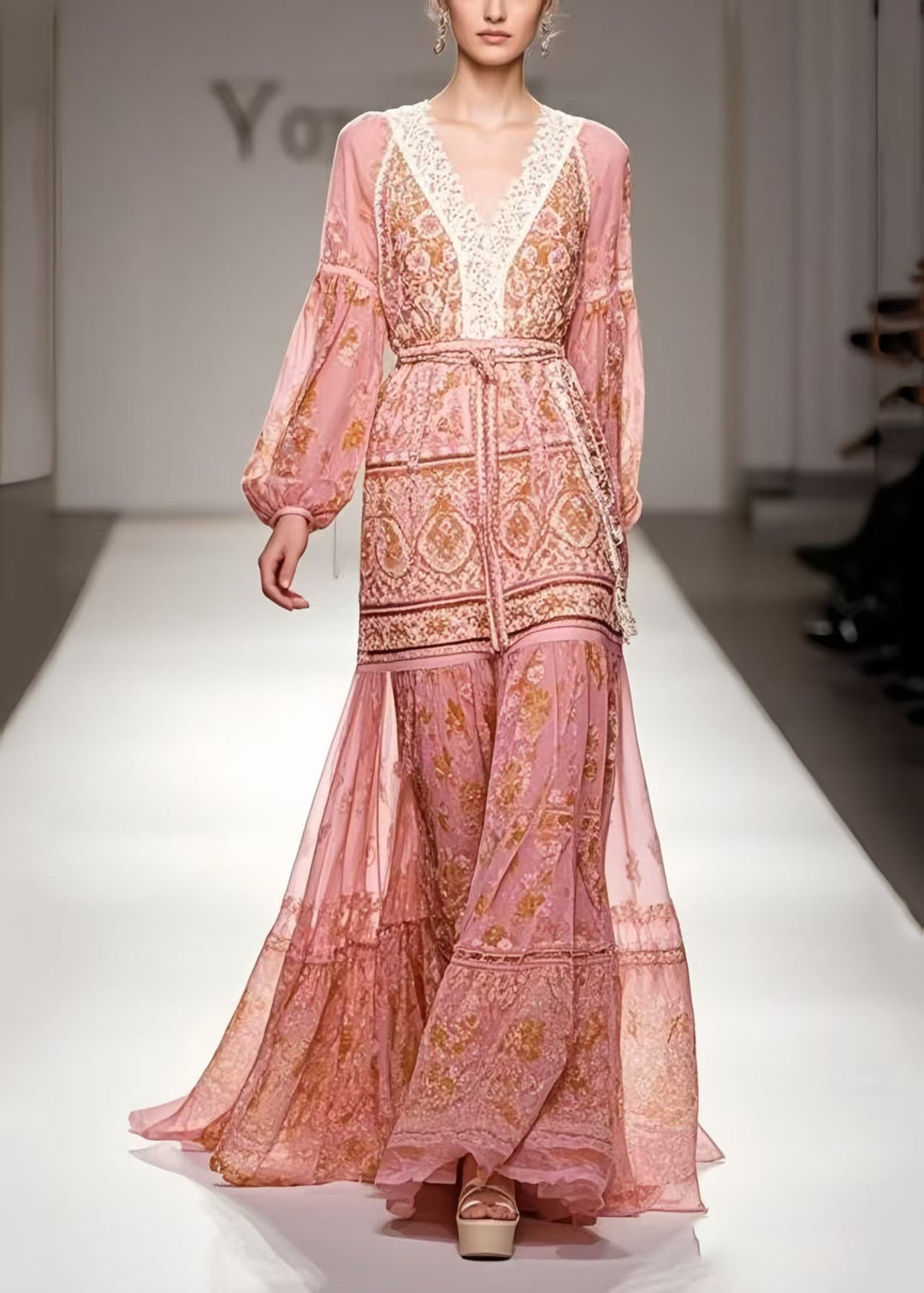 Modern Pink Cinched Print Chiffon Ankle Dress Spring
