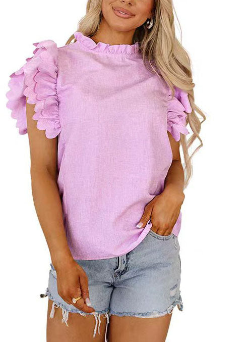 Modern Pink Ruffled Cotton Shirt Tops Butterfly Sleeve
