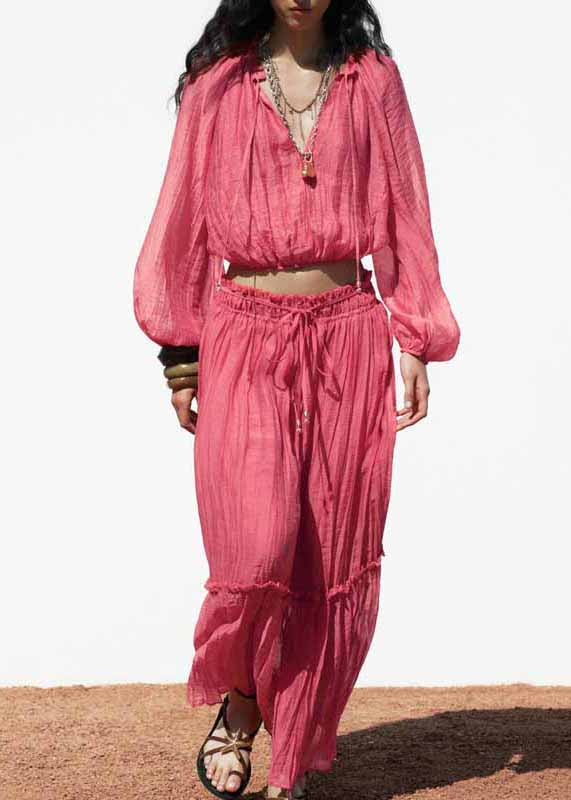 Modern Pink Ruffled Patchwork Cotton Two Pieces Set Fall