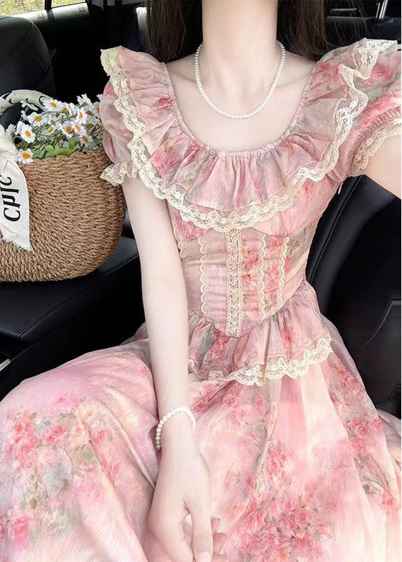 Modern Pink Ruffled Patchwork Lace Party Dress Summer