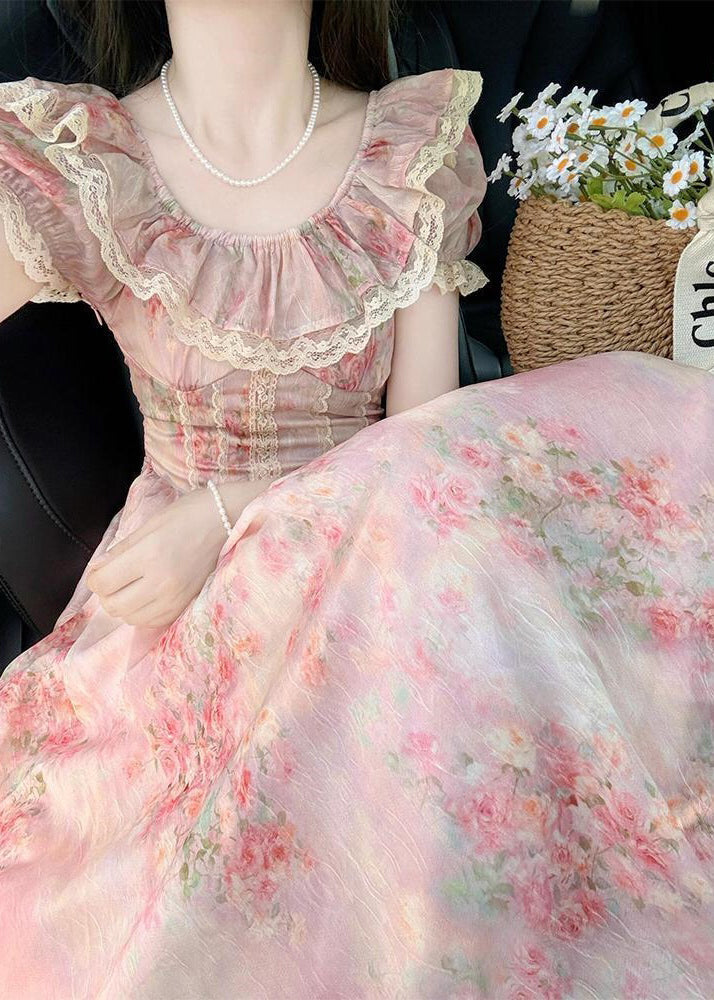 Modern Pink Ruffled Patchwork Lace Party Dress Summer