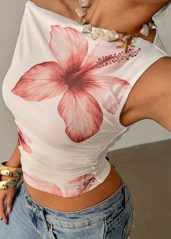 Modern Pink Slash Neck Floral Short Tops Sleeveless