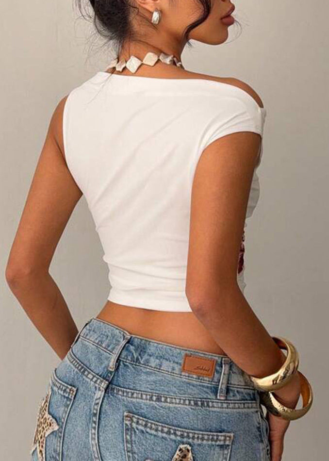Modern Pink Slash Neck Floral Short Tops Sleeveless