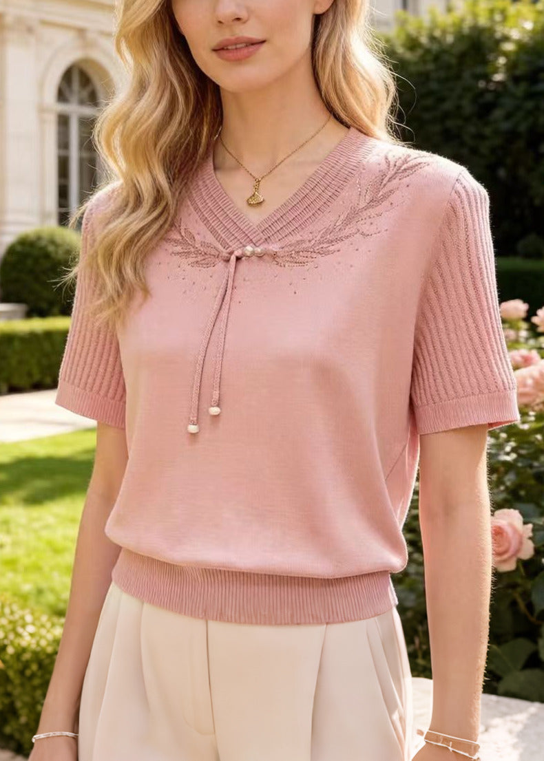 Modern Pink Tasseled Zircon Knit Shirt Top Summer