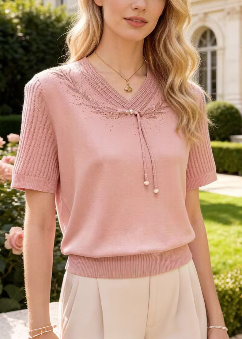 Modern Pink Tasseled Zircon Knit Shirt Top Summer
