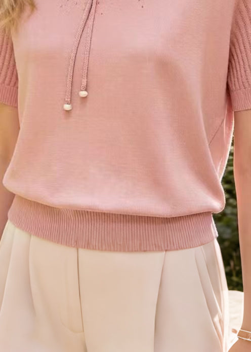 Modern Pink Tasseled Zircon Knit Shirt Top Summer
