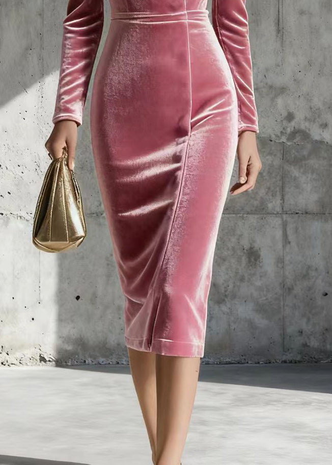 Modern Pink V Neck Patchwork Silk Velvet Holiday Dress Spring