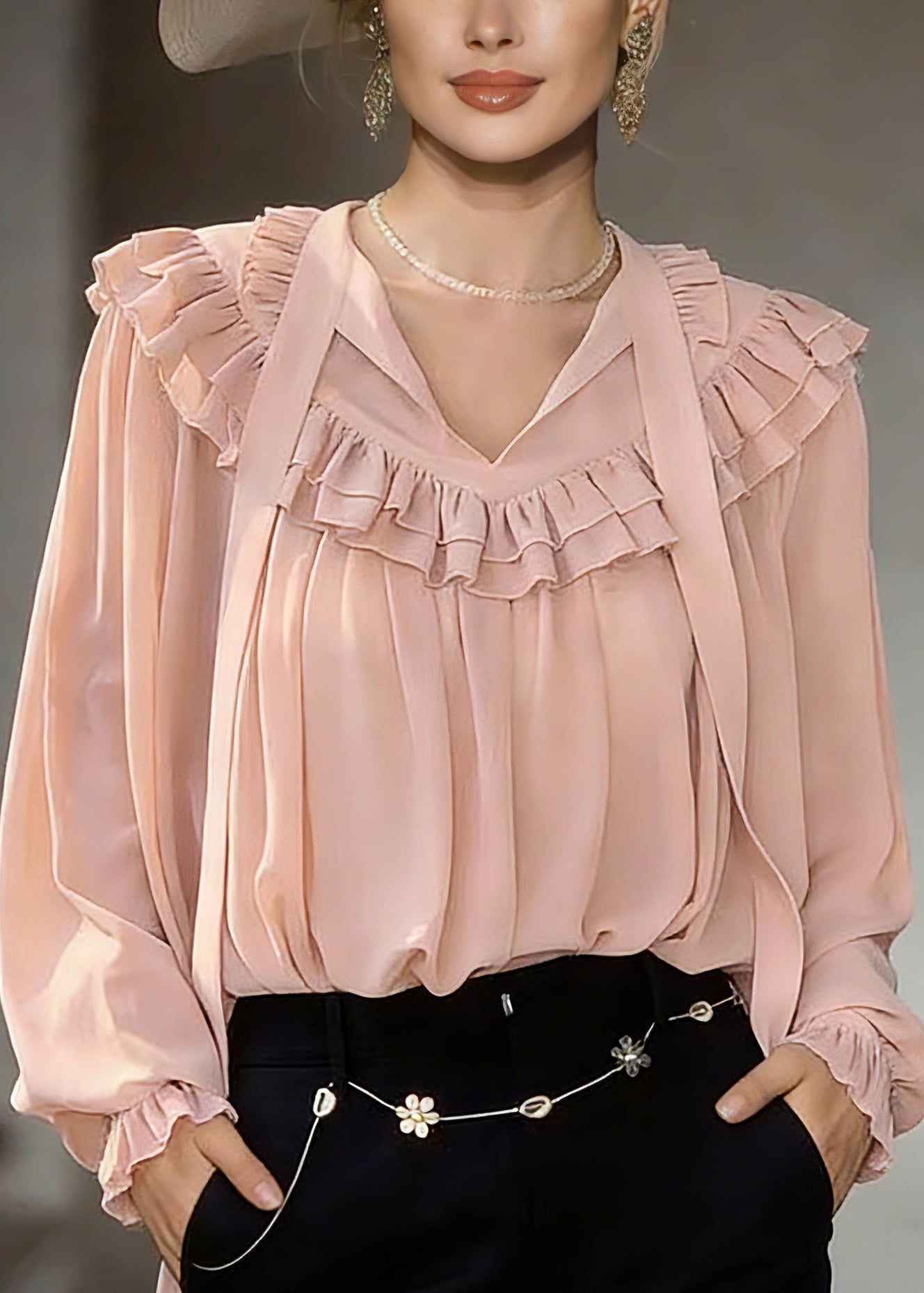 Modern Pink V Neck Ribbon Solid Shirts Lantern Sleeve - Omychic