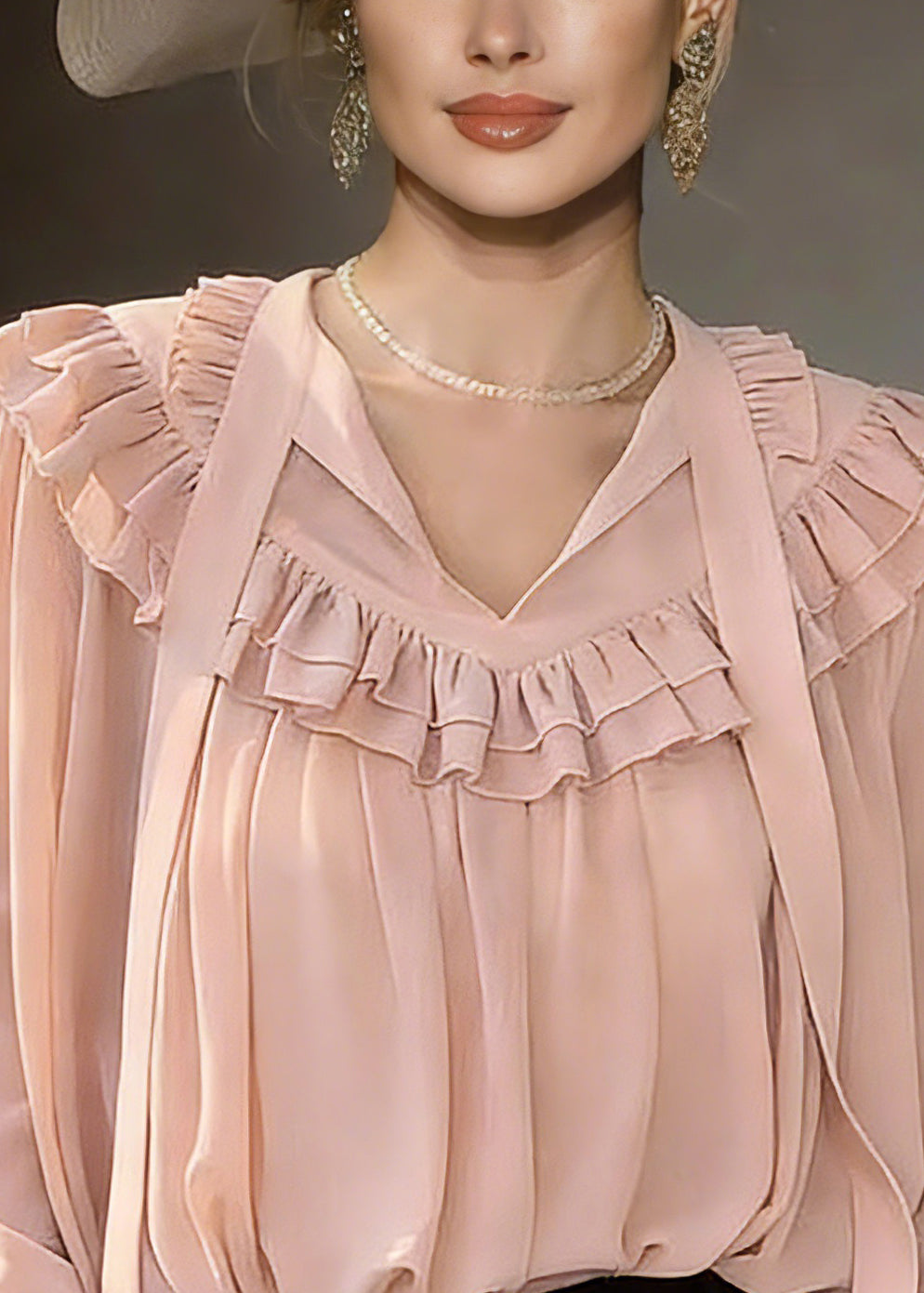 Modern Pink V Neck Ribbon Solid Shirts Lantern Sleeve - Omychic