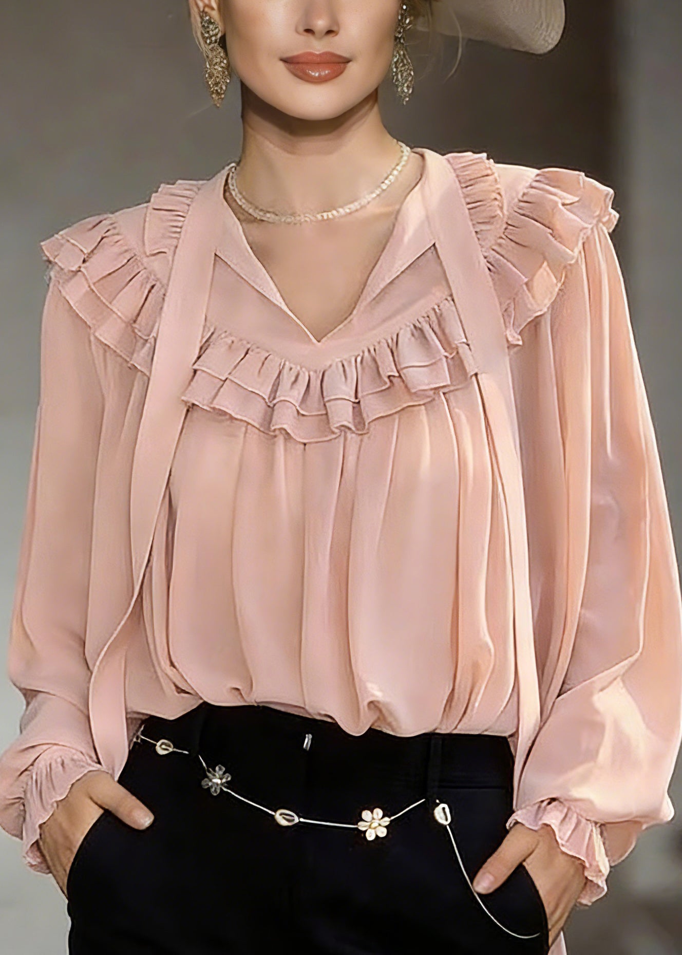 Modern Pink V Neck Ribbon Solid Shirts Lantern Sleeve - Omychic