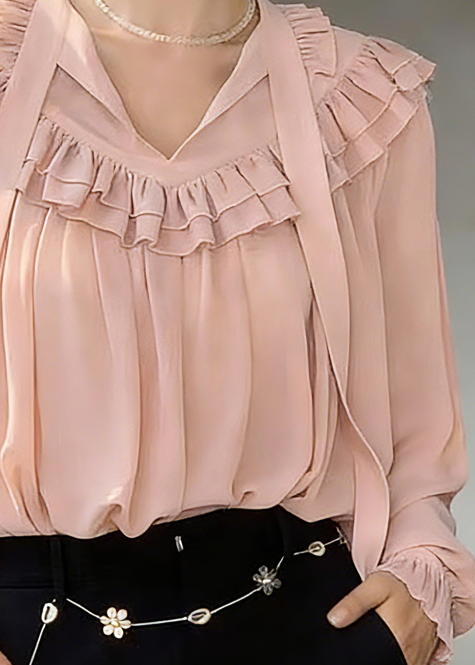 Modern Pink V Neck Ribbon Solid Shirts Lantern Sleeve - Omychic