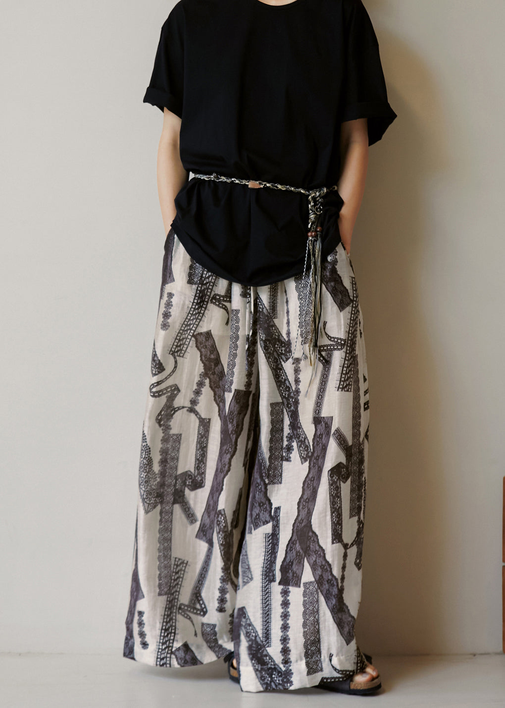 Modern Pockets Print Elastic Waist Cotton Wide Leg Pants Summer