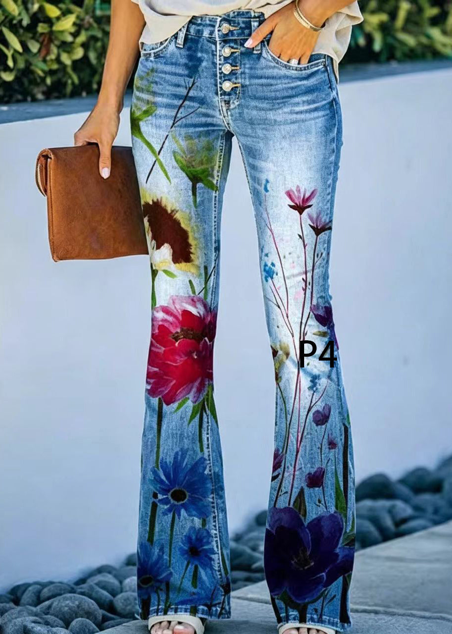 Modern Print High Waist Denim Flare Pants Summer