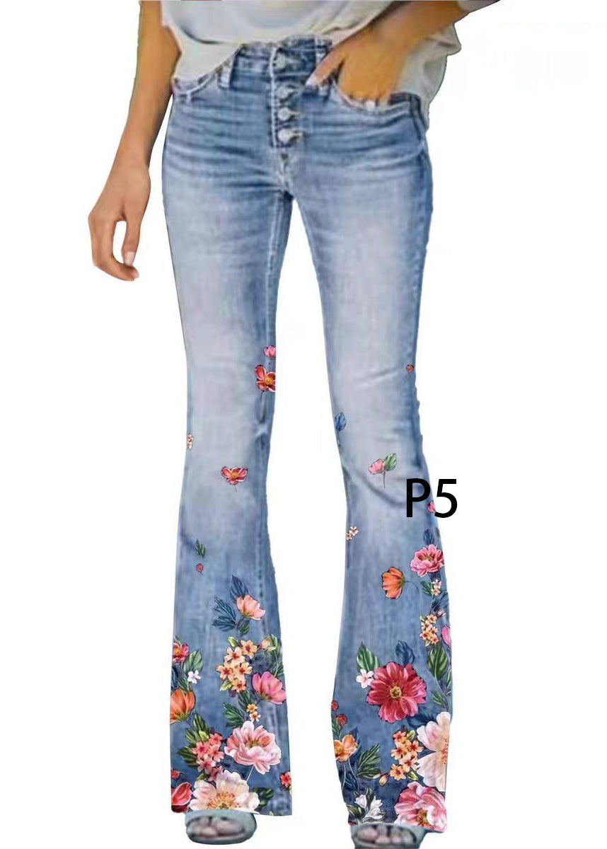 Modern Print High Waist Denim Flare Pants Summer