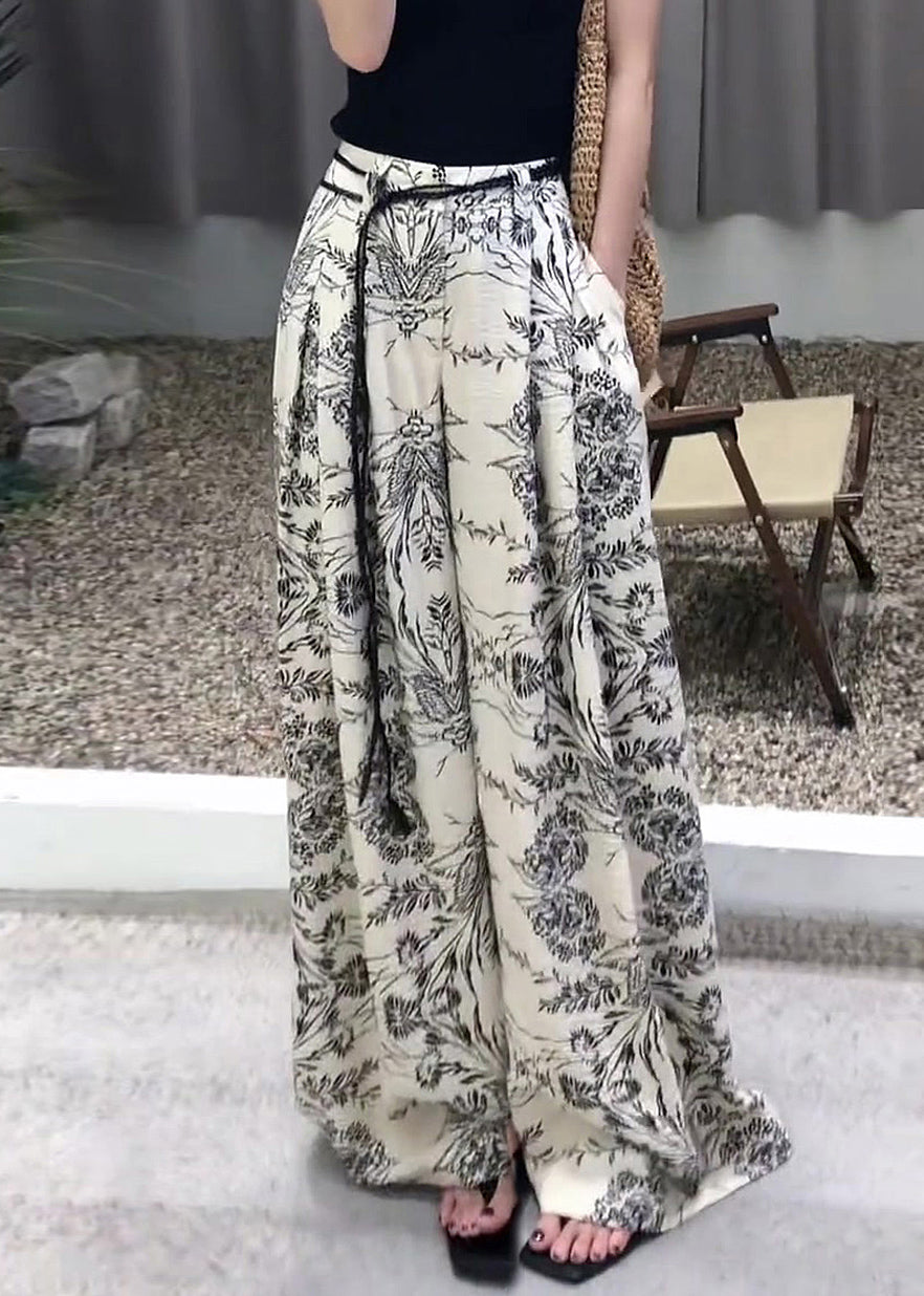 Modern Print Pockets High Waist Cotton Wide Leg Pants Fall