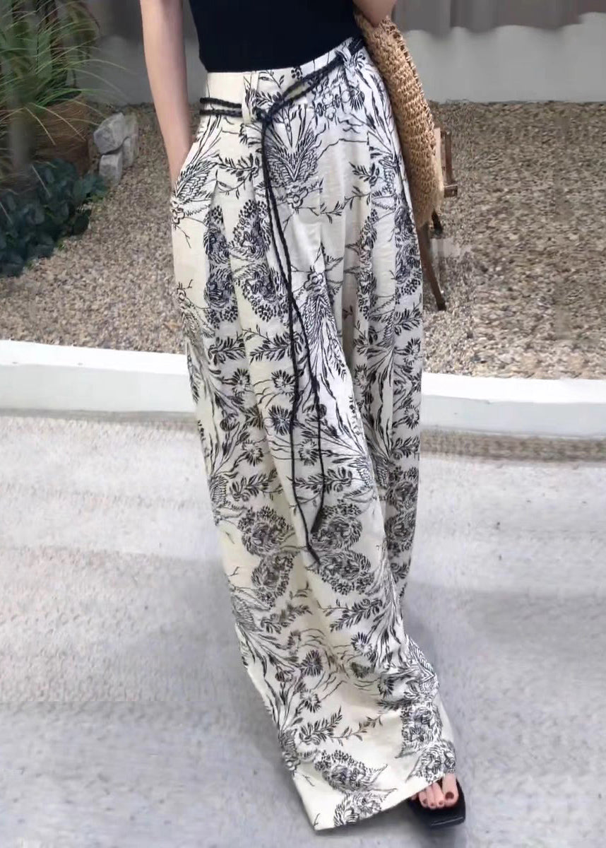 Modern Print Pockets High Waist Cotton Wide Leg Pants Fall