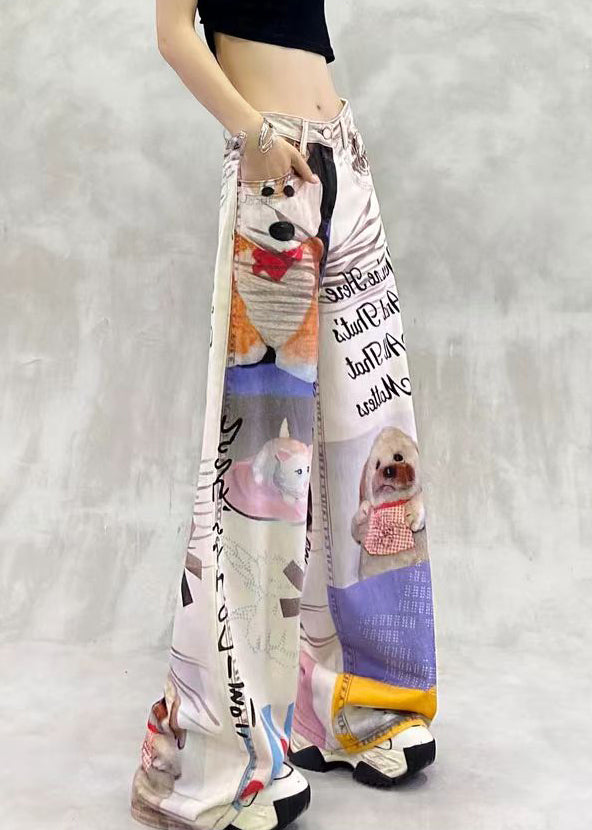 Modern Print Pockets High Waist Denim Pants Summer