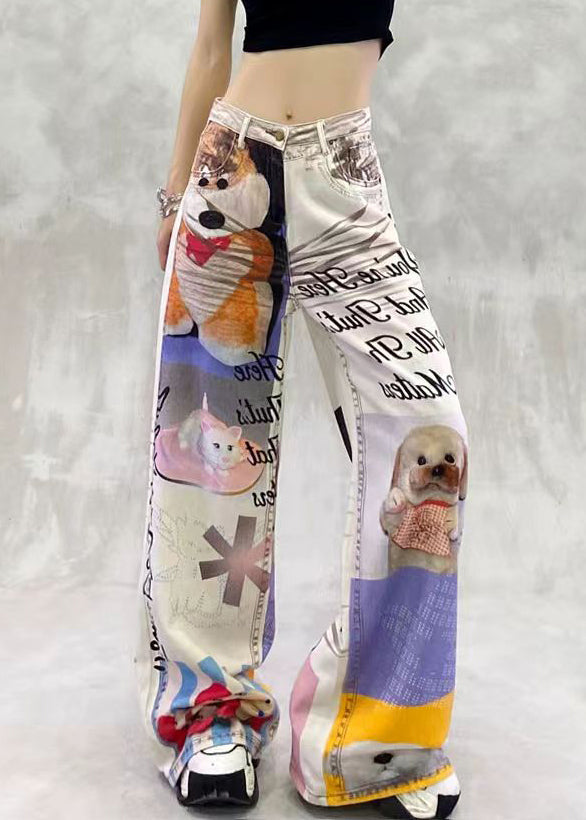 Modern Print Pockets High Waist Denim Pants Summer
