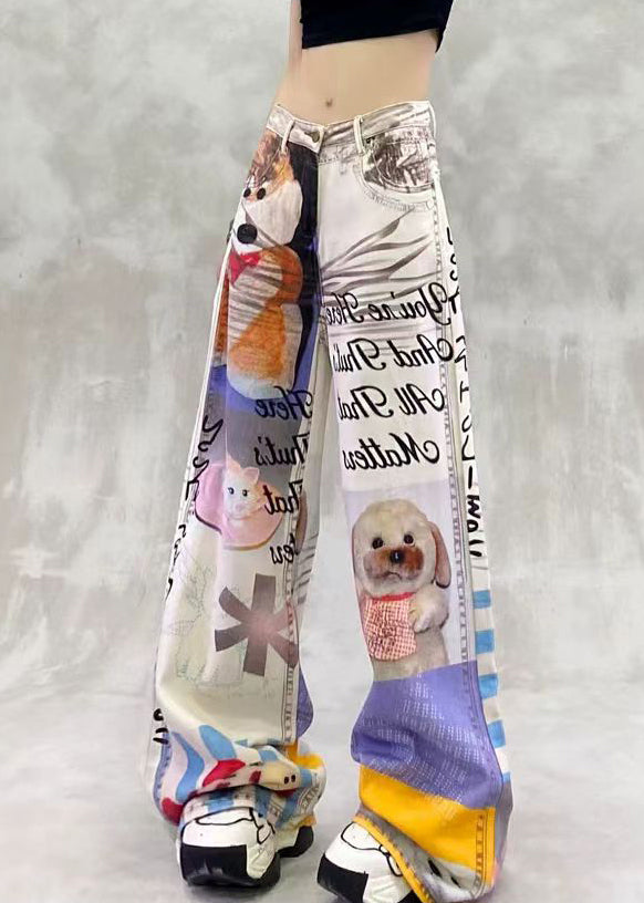 Modern Print Pockets High Waist Denim Pants Summer