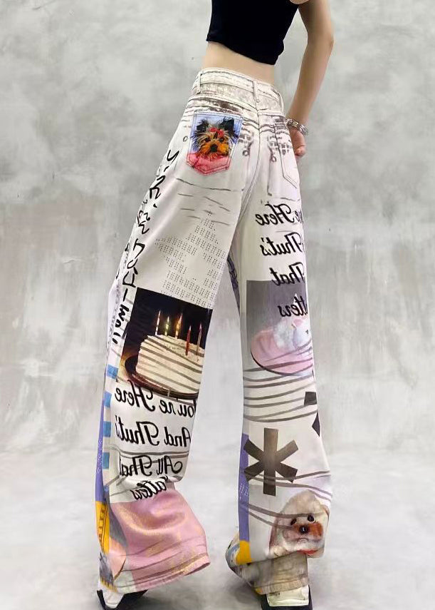 Modern Print Pockets High Waist Denim Pants Summer