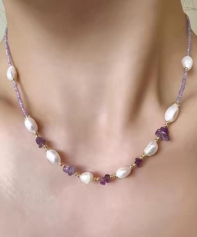 Modern Purple Alloy Zircon Pearl Gratuated Bead Necklace