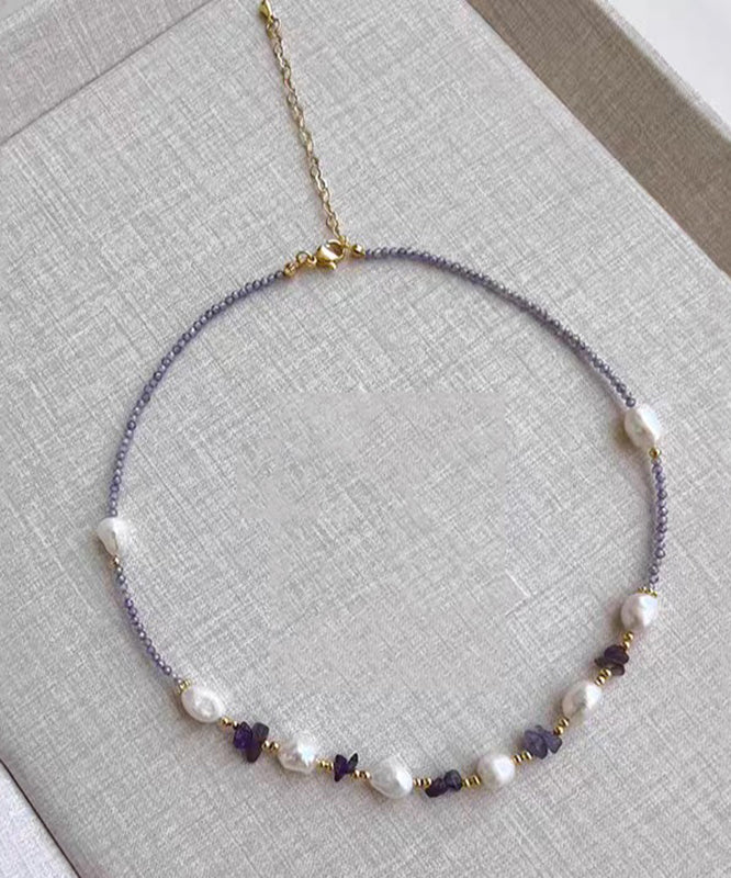 Modern Purple Alloy Zircon Pearl Gratuated Bead Necklace