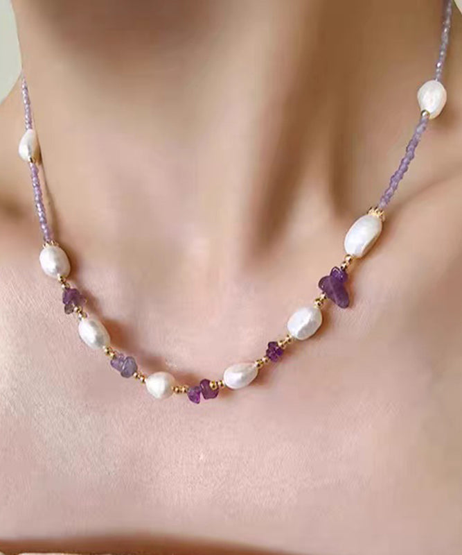Modern Purple Alloy Zircon Pearl Gratuated Bead Necklace