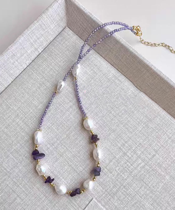 Modern Purple Alloy Zircon Pearl Gratuated Bead Necklace