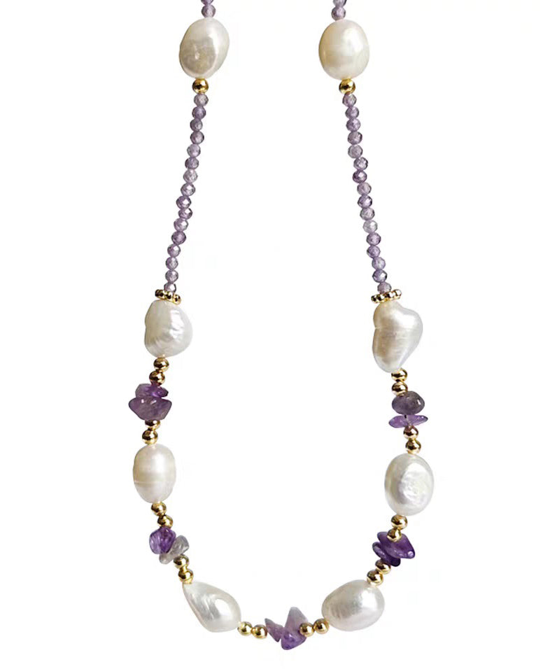 Modern Purple Alloy Zircon Pearl Gratuated Bead Necklace