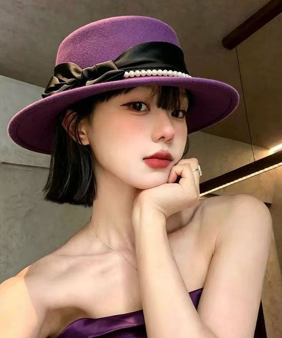 Modern Purple Bow Patchwork Pearl Cashmere Cloche Hat