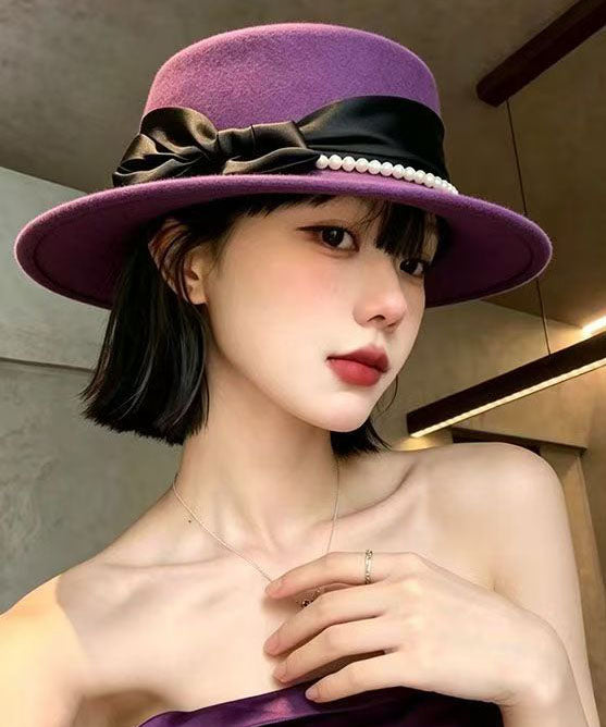 Modern Purple Bow Patchwork Pearl Cashmere Cloche Hat
